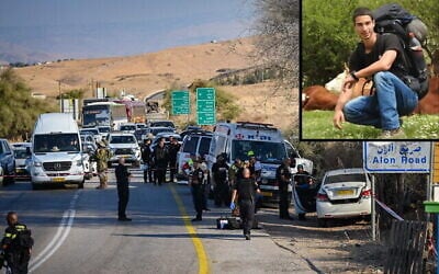 قوات الأمن الإسرائيلية في موقع هجوم في غور  الأردن، في 11 أغسطس 2024؛ الصورة الصغرى: يوناتان دويتش، الذي قُتل في الهجوم،  (Michael Giladi/Flash90; courtesy)