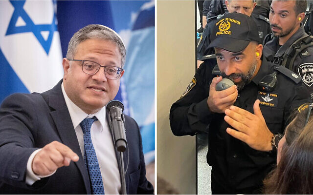 يسار: وزير الأمن القومي إيتمار بن غفير في حفل أقيم في وزارة الأمن القومي في القدس، 27 مايو 2024. (Chaim Goldberg/Flash90)؛ يمين: ضابط الشرطة مئير سويسا يأمر المتظاهرين بالمغادرة بعد منعهم من دخول محطة قطار هاشالوم في تل أبيب في 18 يوليو 2023. (Carrie Keller-Lynn/Times of Israel) يسار: وزير الأمن القومي إيتمار بن غفير في حفل أقيم في وزارة الأمن القومي في القدس، 27 مايو 2024. (Chaim Goldberg/Flash90)؛ يمين: ضابط الشرطة مئير سويسا يأمر المتظاهرين بالمغادرة بعد منعهم من دخول محطة قطار هاشالوم في تل أبيب في 18 يوليو 2023. (Carrie Keller-Lynn/Times of Israel)