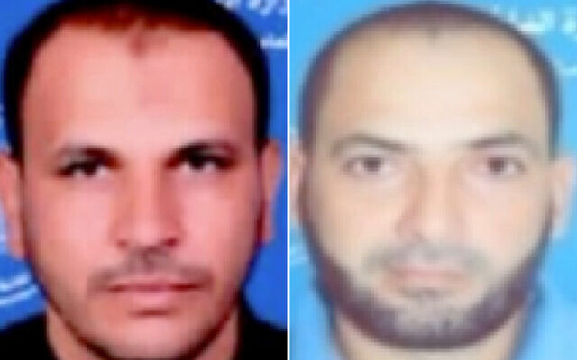 عبد الله خطاب، قائد كتيبة جنوب دير البلح التابعة لحركة الجهاد الإسلامي (في الصورة من اليسار) وحاتم أبو الجديان، قائد كتيبة شرق دير البلح التابعة لحركة الجهاد الإسلامي (في الصورة من اليمين)، في صور وزعها جيش الدفاع الإسرائيلي في 7 سبتمبر، 2024. (Israel Defense Forces) عبد الله خطاب، قائد كتيبة جنوب دير البلح التابعة لحركة الجهاد الإسلامي (في الصورة من اليسار) وحاتم أبو الجديان، قائد كتيبة شرق دير البلح التابعة لحركة الجهاد الإسلامي (في الصورة من اليمين)، في صور وزعها جيش الدفاع الإسرائيلي في 7 سبتمبر، 2024. (Israel Defense Forces)