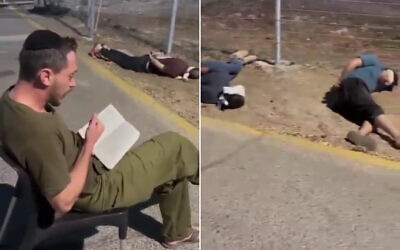 جندي احتياطي إسرائيلي يقرأ التلمود أمام معتقلين فلسطينيين في الضفة الغربية، في مقطع فيديو نُشر على الإنترنت في 6 أكتوبر 2024. (X screenshot: used in accordance with Clause 27a of the Copyright Law)