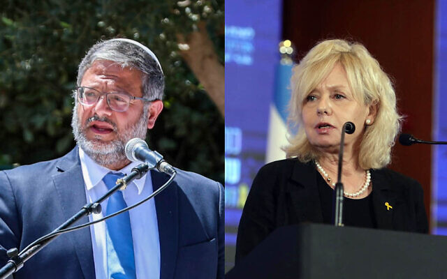 وزير الأمن القومي إيتمار بن غفير (يسار) والمستشارة القضائية غالي بهاراف ميارا. (Liron Moldovan/Flash90; Israel Bar Association) وزير الأمن القومي إيتمار بن غفير (يسار) والمستشارة القضائية غالي بهاراف ميارا. (Liron Moldovan/Flash90; Israel Bar Association)