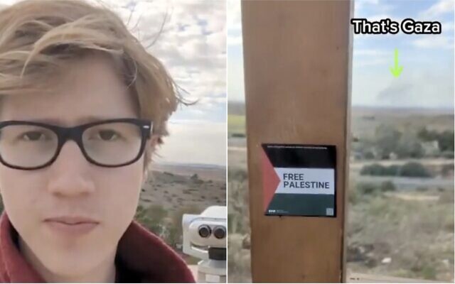 أندريه كرجانوفسكي يصور نفسه وهو يضع ملصق ’فلسطين حرة’ على نصب تذكاري لجندي سقط في سديروت، 3 ديسمبر، 2024. (Screen Capture/X)