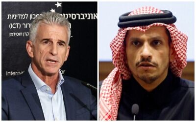 يسار: مدير الموساد دافيد برنياع، 10 سبتمبر 2023؛ يمين: رئيس الوزراء القطري الشيخ محمد بن عبد الرحمن آل ثاني، 7 يناير 2024. (Gil Cohen-Magen, Karim Jaafar/AFP/collage)