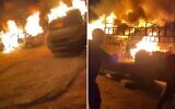 حرائق في قرية سنجل الفلسطينية بالضفة الغربية، بعد أن أشعل متطرفون إسرائيليون النار في المركبات والمنازل، 19 يناير 2025. (Screenshots, courtesy Sinjil Municipal Authority)