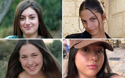 Israeli soldiers held hostage by Hamas, who are due to be released on January 25, 2025: Top (L-R) Karina Ariev, Daniella Gilboa; bottom (L-R) Naama Levy, Liri Albag. (Courtesy)