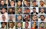 الرهائن الأربعة والعشرون الذين يفترض أنهم على قيد الحياة وما زالوا محتجزين لدى حماس: الصف العلوي، من اليسار: إلكانا بوحبوط، ماتان أنغريست، عيدان ألكسندر، أفيناتان أور، يوسف حاييم أوحانا، ألون أوهيل. الصف الثاني، من اليسار: إيفياتار دافيد، غاي غلبواع دلال، بيبين جوشي، روم براسلافسكي، زيف بيرمان، غالي بيرمان. الصف الثالث، من اليسار: عومري ميران، إيتان مور، سيغيف كالفون، نمرود كوهين، ماكسيم هركين، إيتان هورن. الصف السفلي، من اليسار: ماتان تسانغاوكر، بار كوبرشتين، دافيد كونيو، أرييل كونيو، تمير نمرودي، بينتا ناتابونج. (Hostages Families Forum)