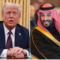 يسار: الرئيس الأمريكي دونالد ترامب، 23 يناير 2025. (Roberto Schmidt / AFP)، يمين: ولي العهد السعودي محمد بن سلمان، 3 ديسمبر 2024. (Saudi Ministry of Media / AFP)