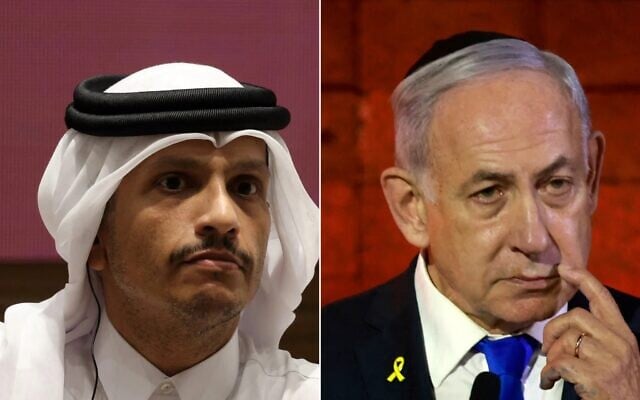 في الصورة على اليسار: رئيس مجلس الوزراء ووزير الخارجية القطري الشيخ محمد بن عبد الرحمن آل ثاني في الدوحة في 27 أبريل 2025. (Karim JAAFAR / AFP)؛ في الصورة على اليمين: رئيس الوزراء بنيامين نتنياهو في القدس في 23 أبريل 2025. (Menahem KAHANA / AFP) في الصورة على اليسار: رئيس مجلس الوزراء ووزير الخارجية القطري الشيخ محمد بن عبد الرحمن آل ثاني في الدوحة في 27 أبريل 2025. (Karim JAAFAR / AFP)؛ في الصورة على اليمين: رئيس الوزراء بنيامين نتنياهو في القدس في 23 أبريل 2025. (Menahem KAHANA / AFP)
