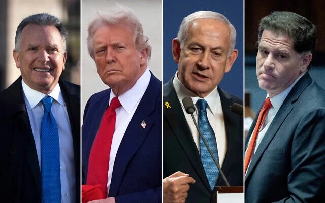 من اليسار إلى اليمين: المبعوث الأمريكي للشرق الأوسط ستيف ويتكوف، 19 مارس 2025، خارج البيت الأبيض في واشنطن. (AP Photo/Mark Schiefelbein)؛ الرئيس الأمريكي دونالد ترامب، 3 أبريل، 2025، عند وصوله إلى ميامي، فلوريدا. (AP Photo/Rebecca Blackwell)؛ رئيس الوزراء بنيامين نتنياهو يتحدث إلى الصحافة في بودابست، المجر، 3 أبريل، 2025؛ وزير الشؤون الاستراتيجية رون ديرمر في الكنيست في القدس، 22 يناير، 2025. (Yonatan Sindel/Flash90) من اليسار إلى اليمين: المبعوث الأمريكي للشرق الأوسط ستيف ويتكوف، 19 مارس 2025، خارج البيت الأبيض في واشنطن. (AP Photo/Mark Schiefelbein)؛ الرئيس الأمريكي دونالد ترامب، 3 أبريل، 2025، عند وصوله إلى ميامي، فلوريدا. (AP Photo/Rebecca Blackwell)؛ رئيس الوزراء بنيامين نتنياهو يتحدث إلى الصحافة في بودابست، المجر، 3 أبريل، 2025؛ وزير الشؤون الاستراتيجية رون ديرمر في الكنيست في القدس، 22 يناير، 2025. (Yonatan Sindel/Flash90)