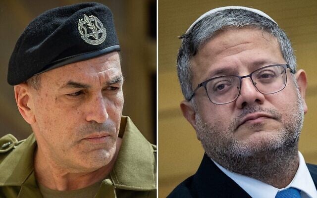 (على اليسار) رئيس أركان الجيش الإسرائيلي اللفتنانت جنرال إيال زمير في القدس في 5 مارس 2025. (Yonatan Sindel/Flash90) و(على اليمين) وزير الأمن القومي إيتامار بن غفير في الكنيست في القدس في 24 يوليو 2024. (Yonatan Sindel/Flash90) (على اليسار) رئيس أركان الجيش الإسرائيلي اللفتنانت جنرال إيال زمير في القدس في 5 مارس 2025. (Yonatan Sindel/Flash90) و(على اليمين) وزير الأمن القومي إيتامار بن غفير في الكنيست في القدس في 24 يوليو 2024. (Yonatan Sindel/Flash90)