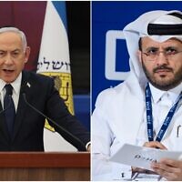 رئيس الوزراء بنيامين نتنياهو (إلى اليسار) يتحدث خلال مراسم أقيمت عشية يوم الذكرى في نصب "ياد لابانيم" التذكاري في القدس، في 29 أبريل 2025. المتحدث باسم وزارة الخارجية القطرية ماجد الأنصاري يتحدث خلال حلقة نقاشية في منتدى الدوحة في فندق شيراتون الدوحة في الدوحة، قطر، في 11 ديسمبر 2023.  (Abir SULTAN / POOL / AFP; Noushad Thekkayil/Nur Photo via Reuters)