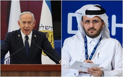 رئيس الوزراء بنيامين نتنياهو (إلى اليسار) يتحدث خلال مراسم أقيمت عشية يوم الذكرى في نصب "ياد لابانيم" التذكاري في القدس، في 29 أبريل 2025. المتحدث باسم وزارة الخارجية القطرية ماجد الأنصاري يتحدث خلال حلقة نقاشية في منتدى الدوحة في فندق شيراتون الدوحة في الدوحة، قطر، في 11 ديسمبر 2023.  (Abir SULTAN / POOL / AFP; Noushad Thekkayil/Nur Photo via Reuters)