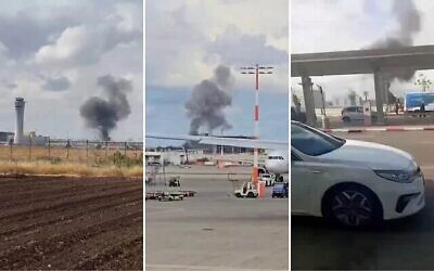 الدخان يتصاعد في منطقة مطار بن غوريون بعد إطلاق صاروخ باليستي على إسرائيل من اليمن في 4 مايو 2025 (Screen grab from social media used in accordance with Clause 27a of the Copyright Law)