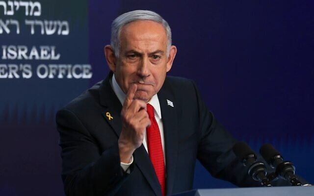 رئيس الوزراء بنيامين نتنياهو يتحدث خلال مؤتمر صحفي في القدس، 21 مايو 2025.(Ronen Zvulun/Pool Photo via AP) رئيس الوزراء بنيامين نتنياهو يتحدث خلال مؤتمر صحفي في القدس، 21 مايو 2025.(Ronen Zvulun/Pool Photo via AP)