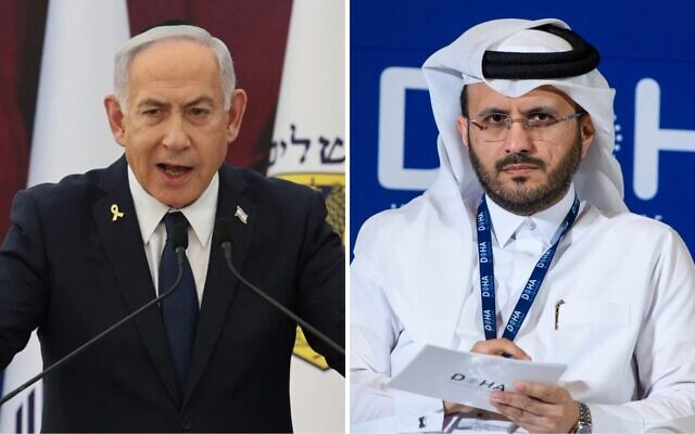 رئيس الوزراء بنيامين نتنياهو (يسار) يتحدث خلال مراسم عشية يوم الذكرى في نصب يد لابينيم في القدس، 29 أبريل 2025؛ المتحدث باسم وزارة الخارجية القطرية ماجد الأنصاري خلال منتدى الدوحة بفندق شيراتون الدوحة في قطر، 11 ديسمبر 2023. (Abir SULTAN / POOL / AFP; Noushad Thekkayil/Nur Photo via Reuters)