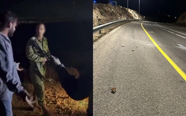 قائد الكتيبة 7114 التابعة للواء بنيامين الإقليمي يجادل مستوطنين بالقرب من قرية كفر مالك بالضفة الغربية (في الصورة على اليسار)، وحجارة ألقاها مستوطنون في المنطقة (في الصورة على اليمين)، 28 يونيو 2025.  (Courtesy)