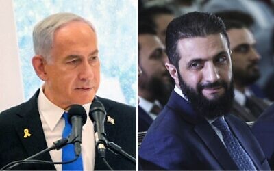 يسار: رئيس الوزراء بنيامين نتنياهو يتحدث إلى موظفين في منشأة للشاباك، 29 يونيو 2025. (Maayan Toaf/GPO)؛ يمين: الرئيس السوري الانتقالي أحمد الشرع يحضر توقيع اتفاق لمشروع طاقة إقليمي في دمشق، سوريا، 29 مايو 2025. (AP Photo/Ghaith Alsayed)