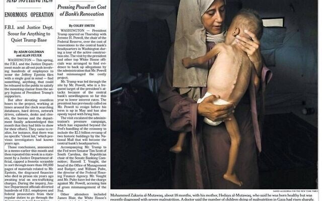 نشرت صحيفة نيويورك تايمز في 25 يوليو على صفحتها الأولى صورةً بعنوان: "محمد زكريا المطوق، عمره حوالي 18 شهرًا، مع والدته، هداية المطوق، التي قالت إنه وُلد سليمًا، لكن شُخِّص مؤخرًا بسوء تغذية حاد. صرح طبيبٌ بأن عدد الأطفال الذين يموتون بسبب سوء التغذية في غزة قد ارتفع بشكل حاد". في 30 يوليو، أقرت الصحيفة بأن محمد "يعاني من مشاكل صحية مسبقة تؤثر على نمو دماغه وعضلاته". نشرت صحيفة نيويورك تايمز في 25 يوليو على صفحتها الأولى صورةً بعنوان: "محمد زكريا المطوق، عمره حوالي 18 شهرًا، مع والدته، هداية المطوق، التي قالت إنه وُلد سليمًا، لكن شُخِّص مؤخرًا بسوء تغذية حاد. صرح طبيبٌ بأن عدد الأطفال الذين يموتون بسبب سوء التغذية في غزة قد ارتفع بشكل حاد". في 30 يوليو، أقرت الصحيفة بأن محمد "يعاني من مشاكل صحية مسبقة تؤثر على نمو دماغه وعضلاته".