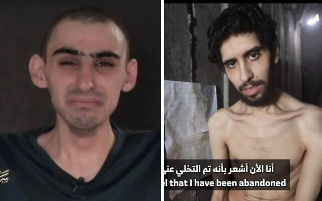 صور ثابتة للرهينتين رام براسلافسكي (يسار) وإفياتار ديفيد من مقاطع فيديو دعائية لحماس، وافقت على نشرها عائلتيهما في أغسطس/آب 2025. (لقطة شاشة مركبة)