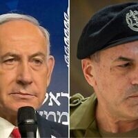 من اليسار إلى اليمين: رئيس الوزراء بنيامين نتنياهو يعقد مؤتمرًا صحفيًا في مكتبه بالقدس، 21 مايو/أيار 2025. (نافا فرايبرغ/تايمز أوف إسرائيل)؛ رئيس أركان الجيش الإسرائيلي الفريق إيال زمير في القدس، 5 مارس/آذار 2025. (Yonatan Sindel/Flash90)