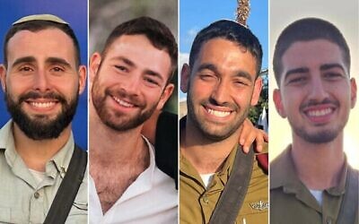 من اليسار إلى اليمين: الرائد عمري حاي بن موشيه، الملازم عيران شيليم، الملازم إيتان أفنير بن إسحاق، الملازم رون أرييلي، الذين قُتلوا في هجوم بقنبلة على جانب الطريق في رفح جنوب غزة في 18 سبتمبر 2025. (الجيش الإسرائيلي)