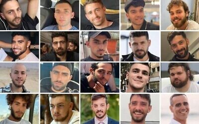 الرهائن العشرون الأحياء الذين سيتم إطلاق سراحهم في 13 أكتوبر 2025: الصف العلوي، من اليسار: إلكانا بوحبوط، ماتان أنغريست، أفيناتان أور، يوسف-حاييم أوحانا، ألون أوهل. الصف الأوسط، من اليسار: إفياتار ديفيد، غاي غيلبواع-دلال، روم براسلافسكي، غالي بيرمان، زيف بيرمان. الصف الثالث، من اليسار: إيتان مور، سيغيف كالفون، نمرود كوهين، مكسيم هيركين، إيتان هورن. الصف السفلي، من اليسار: ماتان تسانغاوكر، بار كوبرشتاين، دافيد كونيو، أرييل كونيو، عومري ميران