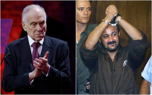 رئيس المؤتمر اليهودي العالمي رونالد لاودر (يسار) يتحدث خلال إحياء الذكرى الثمانين لتحرير معسكر الاعتقال والإبادة النازي الألماني أوشفيتز-بيركيناو على يد الجيش الأحمر، في أوشفيتز، بولندا في 27 يناير 2025. (WOJTEK RADWANSKI / AFP)؛  مروان البرغوثي يرفع يديه المكبلتين في الهواء في اليوم الافتتاحي لمحاكمته في تل أبيب في 14 أغسطس 2002.  (AP/Brennan Linsley)