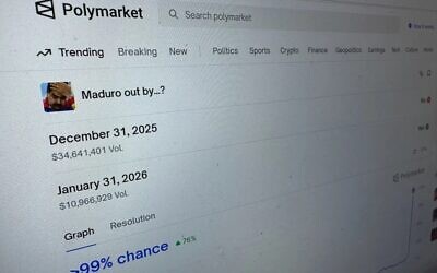 موقع Polymarket للتنبؤات الاقتصادية يظهر على شاشة كمبيوتر، 11 يناير 2026، في نيويورك. (AP/Wyatte Grantham-Philips)