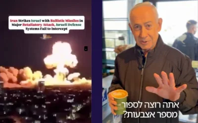مقاطع فيديو تم إنشاؤها بواسطة الذكاء الاصطناعي تصور بشكل زائف صواريخ تضرب تل أبيب، إلى جانب لقطات لرئيس الوزراء بنيامين نتنياهو يظهر يده لدحض ادعاءات عبر الإنترنت بأنه قد قُتل. (GPO/X via JTA)