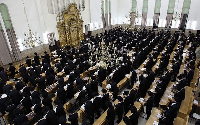 Ultra-Orthodox Jewish men study at the Ponevezh Yeshiva in Bnei Brak on May 11, 2010 (photo credit: Yaakov Naumi/Flash90)