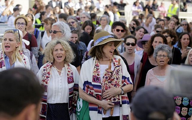 Women of the Wall head Anat Hoffman (holding Torah scroll) at the Western Wall, July 24, 2017. (Hila Shiloni)