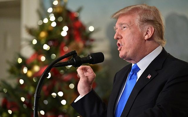 US President Donald Trump delivers a statement on Jerusalem from the Diplomatic Reception Room of the White House in Washington, DC, on December 6, 2017. (Saul Loeb/AFP)