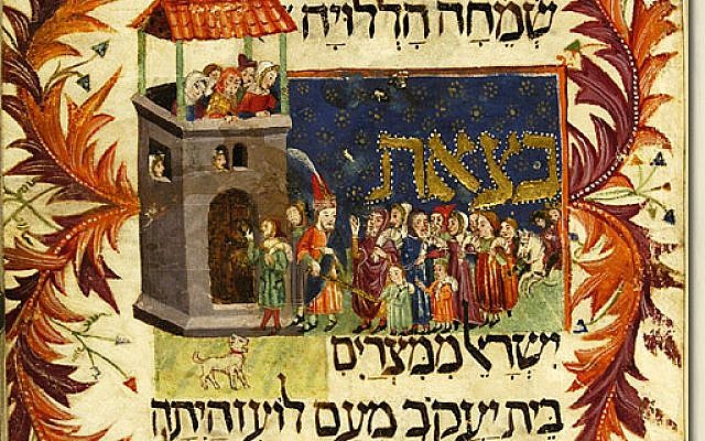 Illustration of Moses leading the Children of Israel out of Egypt in the Kaufmann Haggadah, 14th century. (Wikimedia Commons)