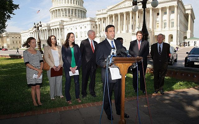 Illustrative: Director of the Orthodox Union's Advocacy Center Nathan Diament speaks at a press conference on the Religious Freedom Restoration Act, July 16, 2014. (Courtesy)