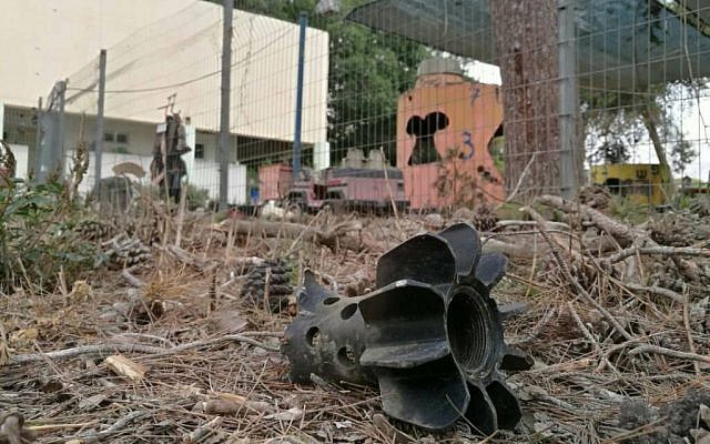 The remains of a mortar shell that struck the yard of a kindergarten in the Eshkol region, near the Gaza border, on May 29, 2018. (Shay Machluf)