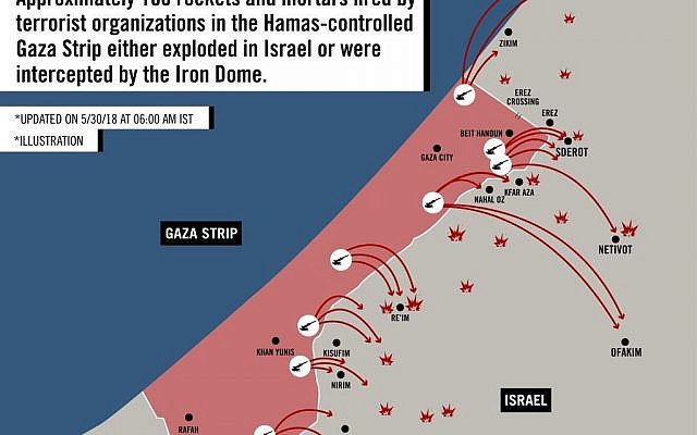 A map distributed on May 30, 2018 by the Israeli military, detailing the targets of more than 100 mortar shells and rockets fired from the Gaza Strip that either landed in Israeli territory or were intercepted by the Iron Dome anti-missile system. (IDF Spokesperson's Unit)