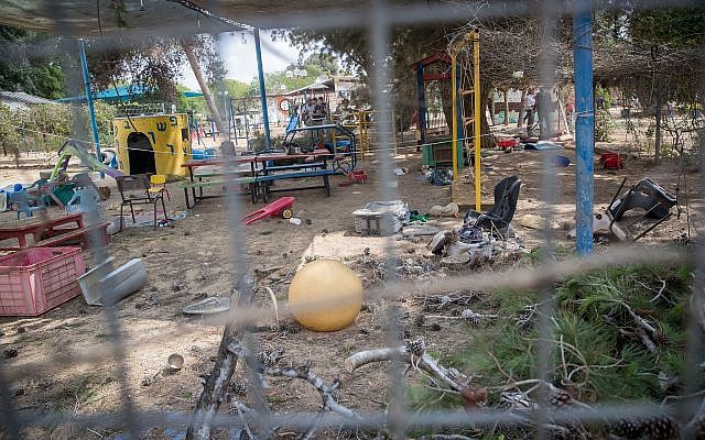 The site where a mortar shell from Gaza hit a kindergarten in southern Israel, near the border with Gaza on May 29, 2018.  (Yonatan Sindel/Flash90)