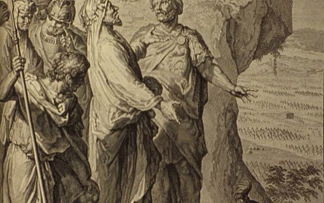 From, 'Balaam blessing the Israelites,' as in Numbers 24:1-5, 10-13. Illustration from the 1728 Figures de la Bible; image courtesy Bizzell Bible Collection, University of Oklahoma Libraries (Wikimedia Commons).