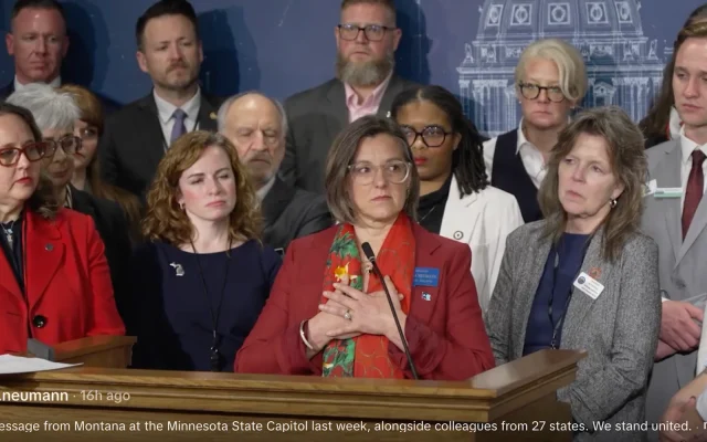Montana state senator Cora Neumann speaks at the Minnesota State Capitol, on February 1, 2026, alongside colleagues from 27 states, protesting the actions of ICE in Minneapolis, Minnesota. (Screengrab, via Instagram)