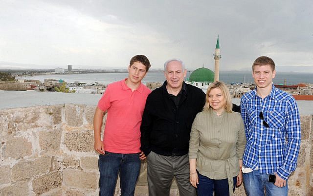 The Netanyahu family visiting the northern town of Acre. Yair is on the far right (photo credit: Avi Ohayon/GPO/Flash90)