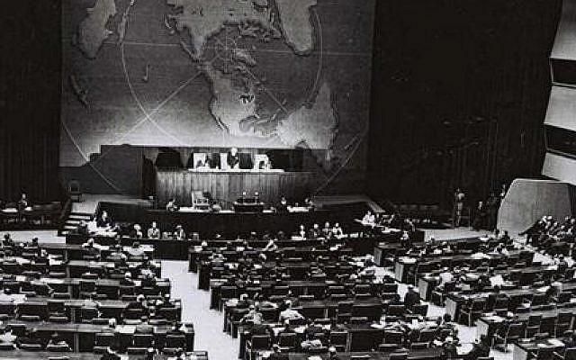 The vote on the United Nations Partition Plan for Palestine or United Nations General Assembly Resolution 181 on November 29, 1947. (Israeli Government Press Office/File) The vote on the United Nations Partition Plan for Palestine or United Nations General Assembly Resolution 181 on November 29, 1947. (Israeli Government Press Office/File)