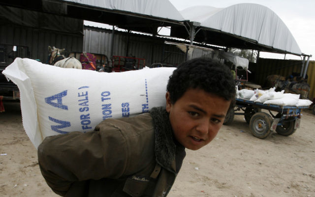 Illustrative. Palestinians receive their monthly food aid at an (UNRWA distribution center in the Rafah refugee camp in the Gaza Strip. (Abed Rahim Khatib/ Flash90)