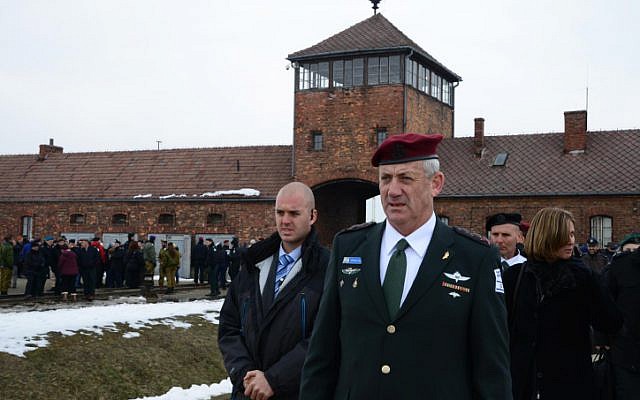 IDF Chief of Staff Benny Gantz visiting the Auschwitz death camp in Poland, as he takes part in the 'March of the Living' on the eve of Holocaust Remembrance Day, April 7, 2013. (photo credit: Moshe Milner/GPO/Flash90)