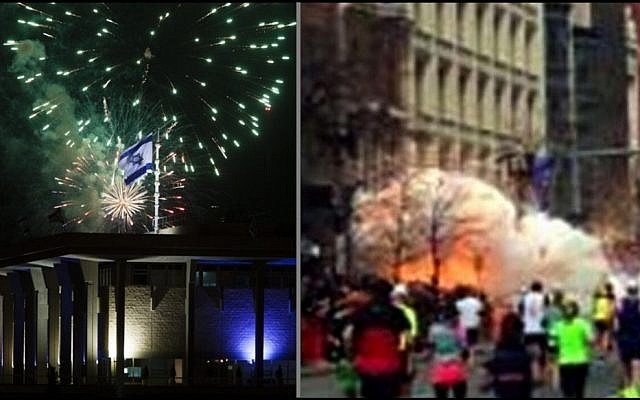LEFT: Fireworks over the Knesset in in Jerusalem, April 15, 2013 (photo: Flash 90)
RIGHT: Spectators and runners flee from explosions at the finish line of the Boston Marathon, April 15, 2013. (photo: AP/WBZ TV) LEFT: Fireworks over the Knesset in in Jerusalem, April 15, 2013 (photo: Flash 90)
RIGHT: Spectators and runners flee from explosions at the finish line of the Boston Marathon, April 15, 2013. (photo: AP/WBZ TV)