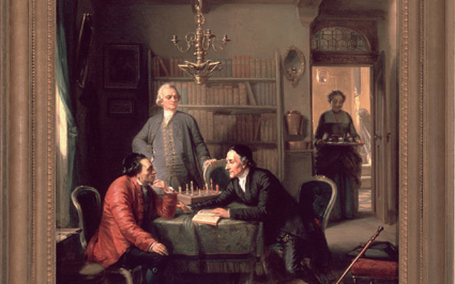 Painting is courtesy of Judah Magnes Museum in San Francisco.
Lavater and Lessing Visit Moses Mendelssohn (1856), by Moritz Daniel Oppenheim (1800-1882). Oil on canvas.