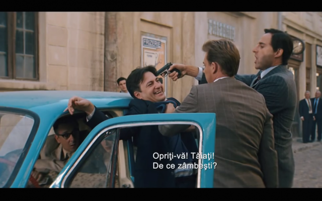 Screenshot from the new Romanian film, Closer to the Moon, about a band of Jews who pulled off a bank heist in broad daylight by pretending to shoot a Hollywood Western (YouTube) Screenshot from the new Romanian film, Closer to the Moon, about a band of Jews who pulled off a bank heist in broad daylight by pretending to shoot a Hollywood Western (YouTube)