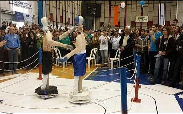 Boxing robots in action at the Israel RoboCup championship (Courtesy)