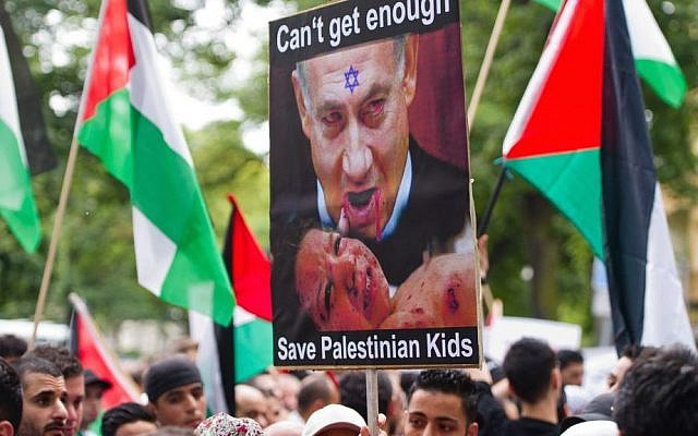 Pro-Gaza demonstration near the Israeli embassy, July 21, 2014, Berlin, Germany. (photo credit: AP/dpa, Daniel Bockwoldt)