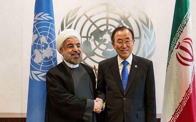 Iranian President Hassan Rouhani, left, meeting with UN Secretary General Ban Ki-moon on the sidelines of the U.N. General Assembly on Sept. 26, 2013. (Andrew Burton/Getty Images/JTA) Iranian President Hassan Rouhani, left, meeting with UN Secretary General Ban Ki-moon on the sidelines of the U.N. General Assembly on Sept. 26, 2013. (Andrew Burton/Getty Images/JTA)