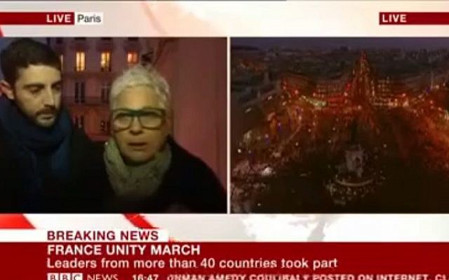 The BBC interviews a Jewish woman at the Paris rally on January 12, 2015 (photo credit: YouTube screenshot) The BBC interviews a Jewish woman at the Paris rally on January 12, 2015 (photo credit: YouTube screenshot)